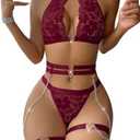 Foxiny Sexy Halter Heart Ring Cutout Chain Floral Lace Sheer Garter Belt Lingerie Set 3 Piece Medium, Wine Red 