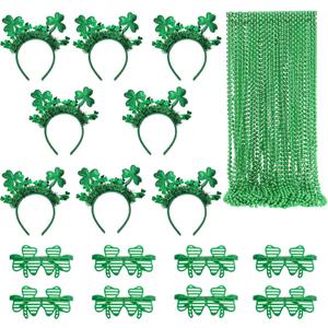 48 Pcs St. Patricks Day Accessories, Green Plastic Clover Shutter Glasses Frames Shamrock Headbands Green Beads Necklaces For Women Irish St. Patricks Party Decor