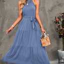 PRETTYGARDEN Women's Summer Floral Maxi Sun Dress Sleeveless Halter Neck Flowy Ruffle Hem Long Boho Dresses with Belt (Blue, M)
