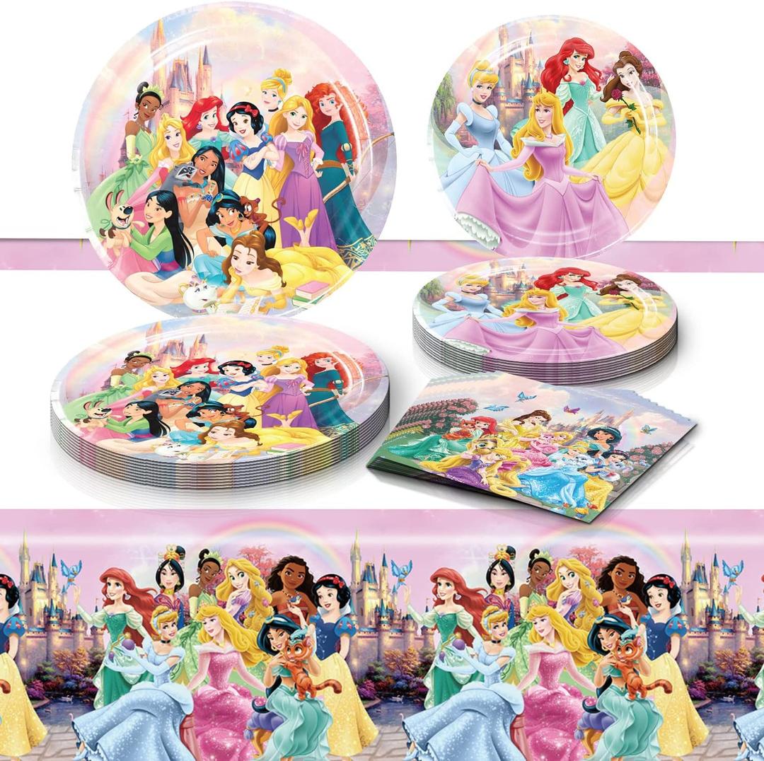 Princess Birthday Party Supplies, 20 Plates, 20 Napkins and 1 Tablecover for Girls Party Supplies, Princess Theme Party Decorations