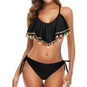 Tempt Me Two Piece Flounce Bikini Side Tie Bottom Padded Ruffled Top Swimsuit for Women Cross Back Bathing Suit (XX-Large, Black With Tassel)