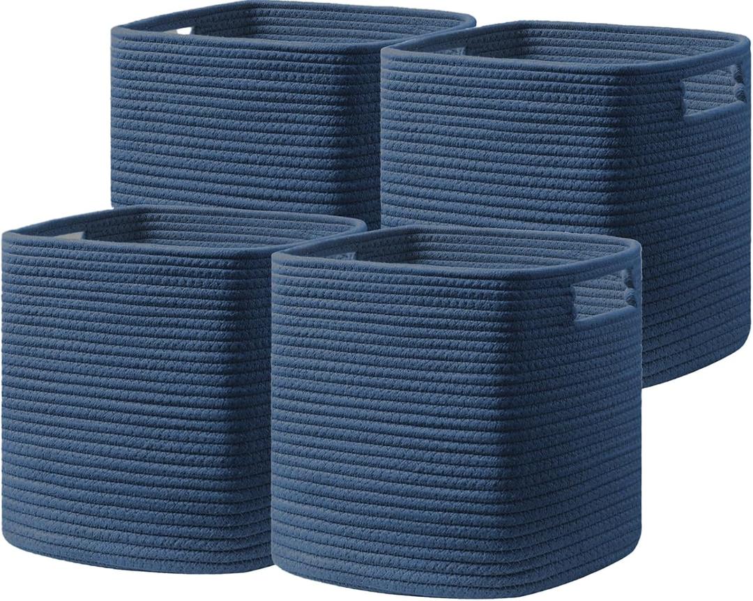 UBBCARE Set of 4 Storage Basket-11 X 10.5 X 10.5 In, Cotton Rope Basket for Shelves, Toys, Book, Cube Storage Bins with Handles, Woven Storage Basket for Organizing, Navy Blue