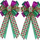 2 Pcs Mardi Gras Bows for Wreaths Decorations,12x20 Large Glitter Tree Topper Bow Decor for Holiday Party Wall Home Front Door Float Golf Cart Gold Green Purple
