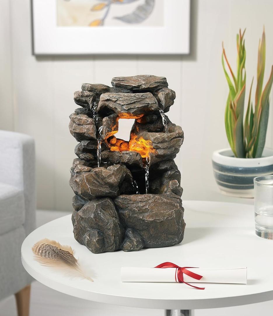 Cascading Indoor Tabletop Water Fountains with LED Light - Rockery Waterfall Fountain - Quiet and Relaxing Water Sound - Small 9.7 Inch Desktop Size - Home/Office Decor