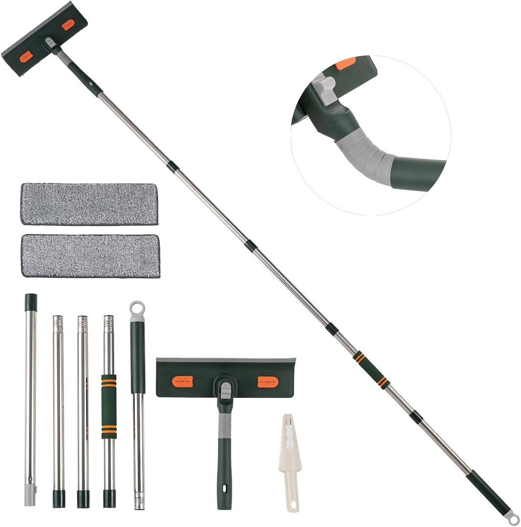 Professional 81 Window Squeegee Cleaner Tool, 2-in-1 Rotatable Window Washing/Cleaning Kit with Extension Pole, Telescopic Solar Panel Cleaner with 1 Bendable Head&1 Scraper&2 Scrubber