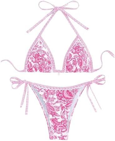 WDIRARA Women's 2 Piece Boho Swimsuits Floral Print Halter String Triangle Bikini Set Beach Bathing Suit, S