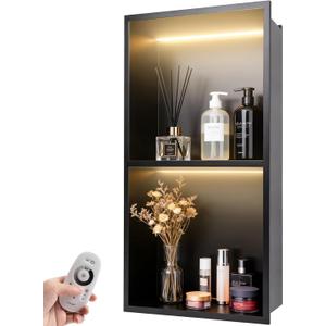 WICHEMI Shower Niche No Tile Needed for Bathroom Storage, Shower Niche LED Lights Waterproof Recessed Wall Niche 12" X 24" Double Shelves 304 Stainless Steel Bathroom Niche for Shower Wall