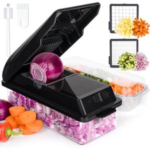 X Home Vegetable Chopper, Includes 3 Aluminum Foil Pans for Food Storage, Veggie Chopper for Cucumber, Carrots, Onion, Potatoes, Chopper Vegetable Cutter with Container, 2 in1, Easy Cleaning, Black