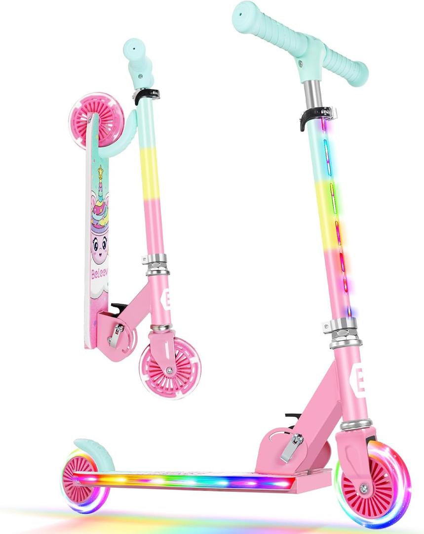 BELEEV V2 Scooters for Kids with Light-Up Wheels & Stem & Deck, 2 Wheel Folding Scooter for Girls Boys, 3 Adjustable Height, Non-Slip Pattern Deck, Lightweight Kick Scooter for Children Ages 3-12 (Pink)