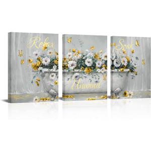 WELMECO Bathroom Decor Wall Art Flower Bathtub Painting Bathroom Signs Relax Soak Unwind Prints Framed 12"x16"x3 Pieces (Yellow)