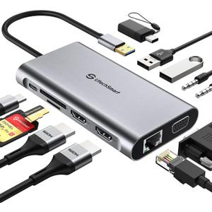 UtechSmart USB Docking Station, 11 IN 1 USB C Dock Triple Display, USB 3.0 Laptop Docking Station with Dual HDMI, VGA, PD, Ethernet, SD/TF, USB 3.0, Mic/Audio, Compatible for MacBook M1 Dell HP Lenovo (Grey)