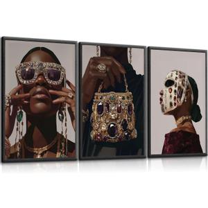 3pcs Black Trendy Girl Canvas Wall Art Luxurious Fashion Jewelry Wall Decor African American Woman Posters Prints Stylish Girl's Room Wall Decoration for Bedroom and Living Room(12x16in Poster), 12L" x16W"