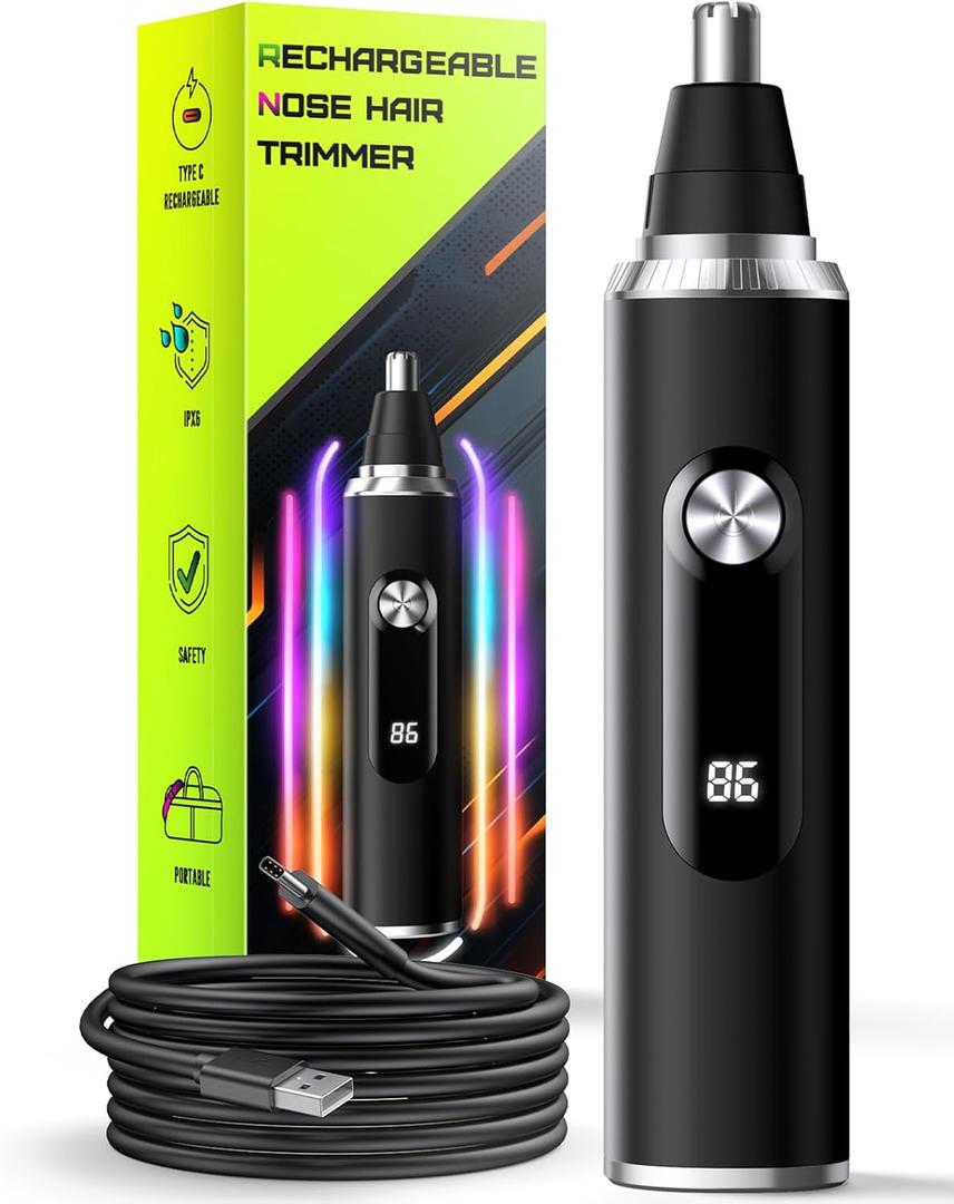 Nose Hair Trimmer for Men & Women  USB Rechargeable Clipper with LED Display, Dual-Edge Blades, 7600RPM Motor, IPX6 Waterproof, Painless Ear & Eyebrow Trimmer