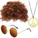 Gejoy 3 Pcs Disco Costume Accessories for Men Funky 70s Afro Wig Sunglasses Peace Sign Necklace Brown Afro Wig for 50/60/70s Hippie Theme Party