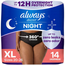 Always Discreet Adult Incontinence Overnight Underwear for Women, Extra Large, Up to 100% Bladder Leak Protection, 64