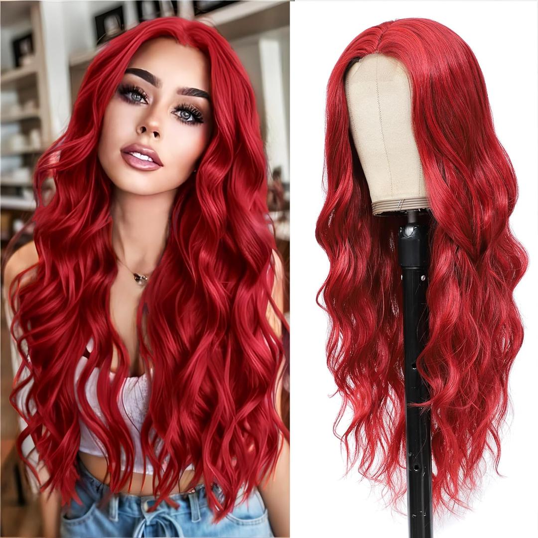 HMHIFI Long Red Wig for Women 26Inch Wavy Curly Wigs Synthetic Heat Resistant Hair Replacement Wig for Daily Party Halloween Costume