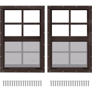 2 Pack 14" x 21" Brown Shed Window with Tempered Glass and Fiberglass Screen Household Sliding Windows with Screws for Shed, Chicken Coop, Playhouse, Garage and Barns