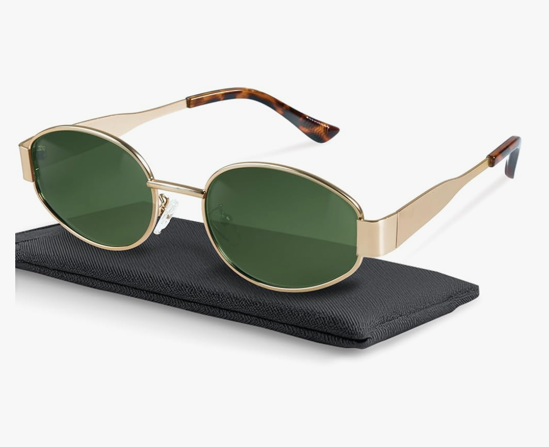 livho Retro Polarized Sunglasses - UV400 Protection, Oval Shape, Metal Frames - Matching Soft Case Inlcuded
