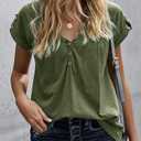 Womens V Neck T Shirts Rolled Short Sleeve Henley Tops Button Up Solid Loose fit Summer Casual Tees Shirts Army Green (Green, M)