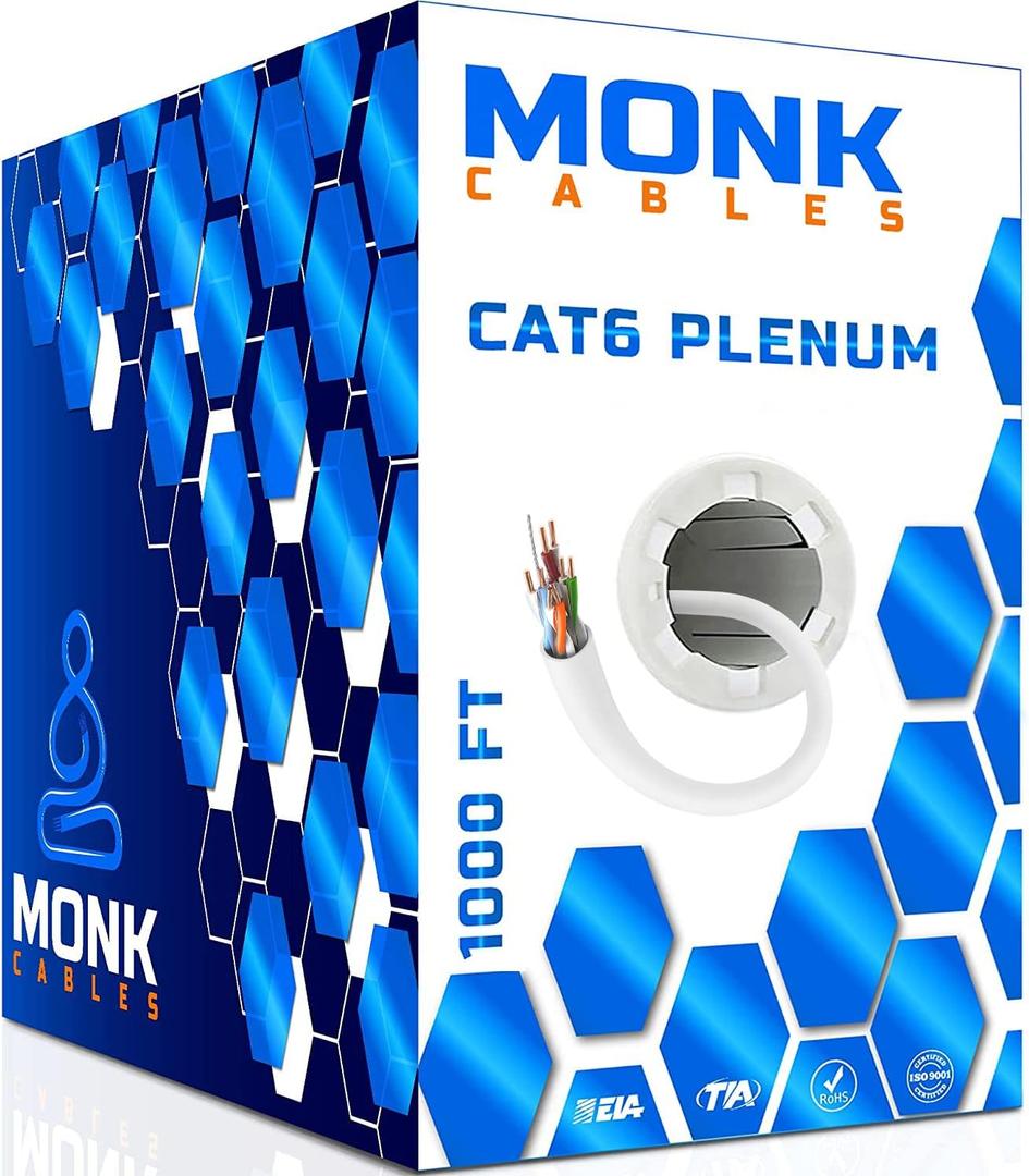 MONK CABLES | Cable Plenum CAT6 de 1000 pies | UTP, 23AWG, 550MHz | Certificado DSX-8000 | Cable ms certificado del mercado (blanco)
