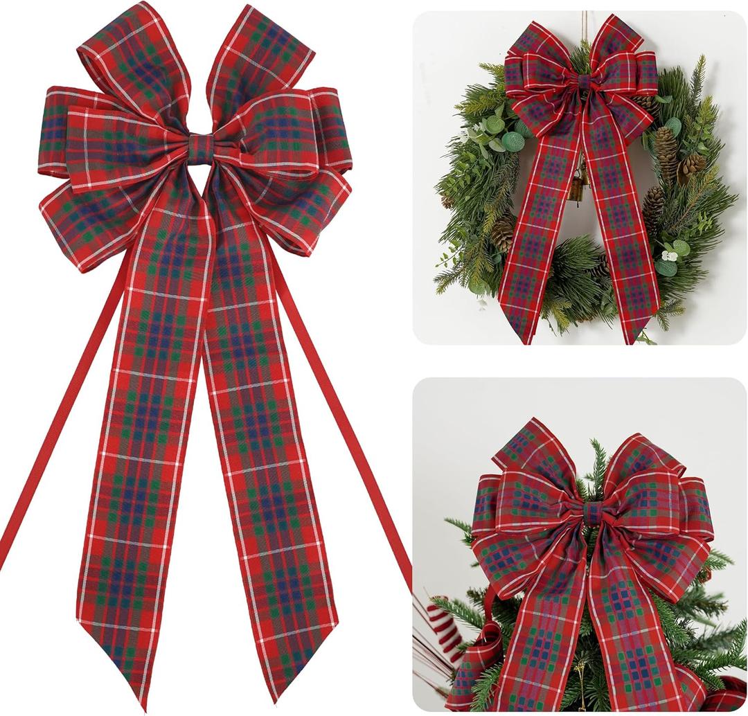 AIMUDI Christmas Tree Bows 1020'' Red and White Plaid Bows for Gift Wrapping Wreath Bows with Wire Edge Premade Gift Bows for Craft Present Indoor Holiday Door Christmas Decorations, 2 PCs