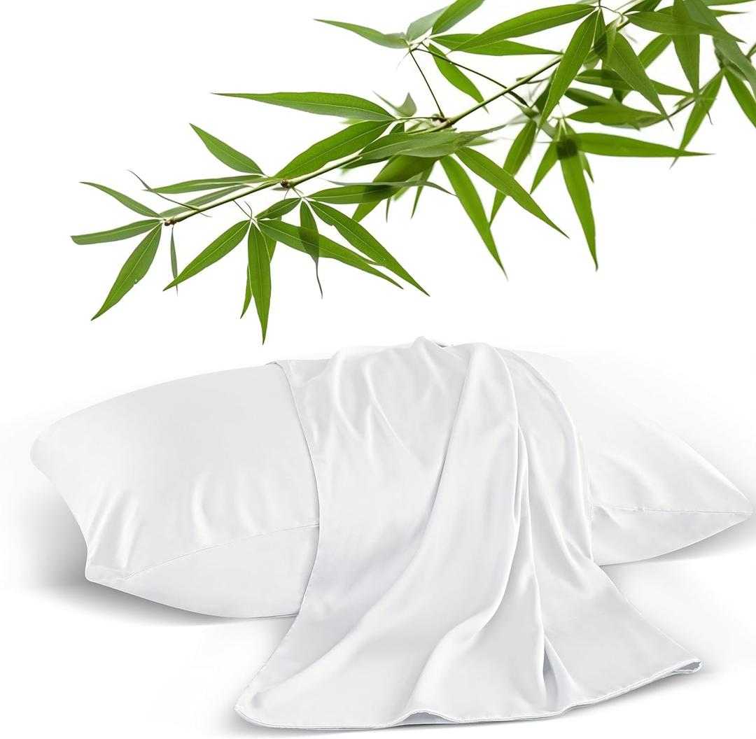 2 Pack Cooling Pillowcases for Hot Sleepers & Night Sweats, 400 TC Bamboo Viscose Pillow Protectors, Zippered Pillow Cases Standard Size, Breathable Silky Soft Pillow Covers, White, 20x26