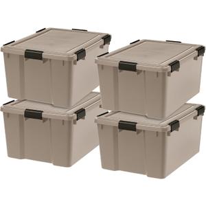 IRIS USA 4-Pack WeatherPro Gasket Box, 63 Quart Weather Resistant Storage Bins with Latching Lids, Heavy Duty Organizing Containers for Closet, Bathroom, and Office - Tan