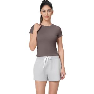 SPRUCE INT Crop Top for Women - Soft Stretchy Modal Baby Tee Wrinkle Free Fitted Summer Short Sleeve Tshirt for Workout (Brown, XS)