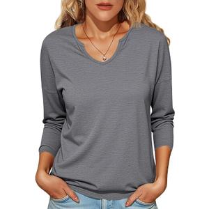 Tankaneo Womens Long Sleeve T-Shirts Casual V Neck Loose Fit Shirts 2025 Fall Lightweight Basic Tees (Gray)