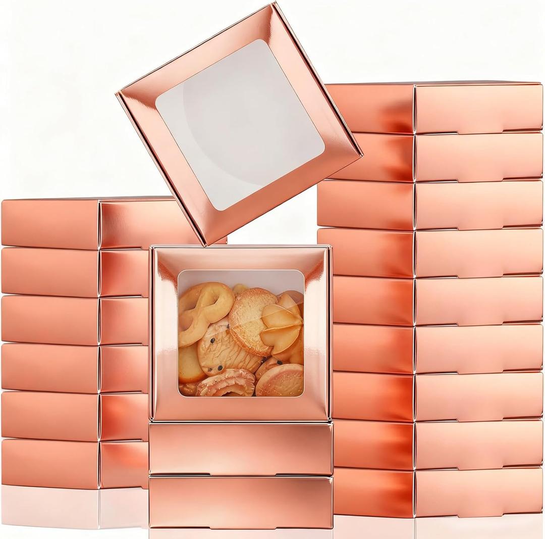 Zonon 30 Pcs Kraft Paper Boxes with Window 4.13 x 4.13 x 1.18 Inch Candy Packaging, Small Gift Boxes, Soap holder, Mini Treat Packaging for Bakery Chocolate Jewelry Display (Rose Gold)