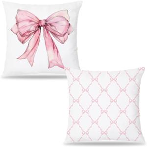 Coquette Pink Bow Pillow Covers 18x18 Set of 2, Coquette Room Decor, Pink Preppy Pillow Covers, Preppy Room Decor, Girly Bedroom Decor