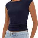 Darong Women's Summer Boat Neck Tops Cap Sleeve Slim Fitted Modal Basic Tee Trendy Casual Shirts (Medium, Dark Blue)