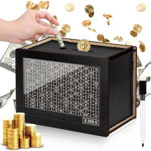 Wooden Money Box for Cash 8000, Plus Size Savings Challenge, Reusable Kakeibo Money Saving Vault for Adults Kids Boys Girls (8000 Dollars)