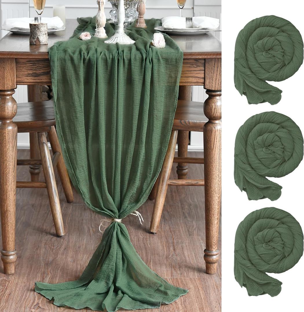 Artoid Mode Boho Forest Green Gauze 3 Pieces Wedding Table Runner, 120 Inch Birthday Fabric Kitchen Dining Holiday Table Decor for Home Party Indoor