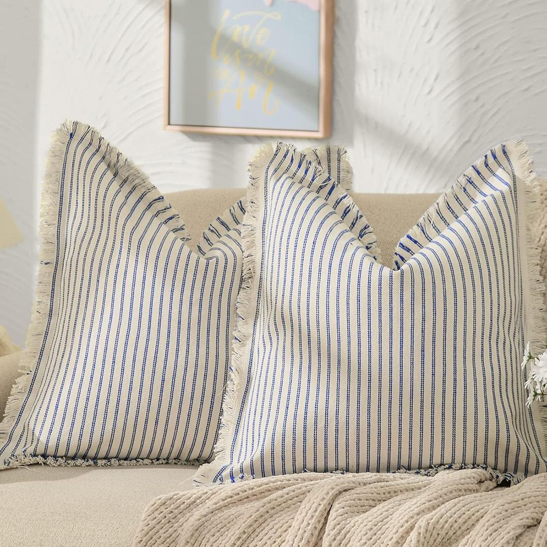 ZWJD Throw Pillow Covers 22x22 Set of 2 Striped Pillow Covers with Fringe Chic Cotton Decorative Pillows Square Cushion Covers for Sofa Couch Bed Living Room Farmhouse Decor (Blue)