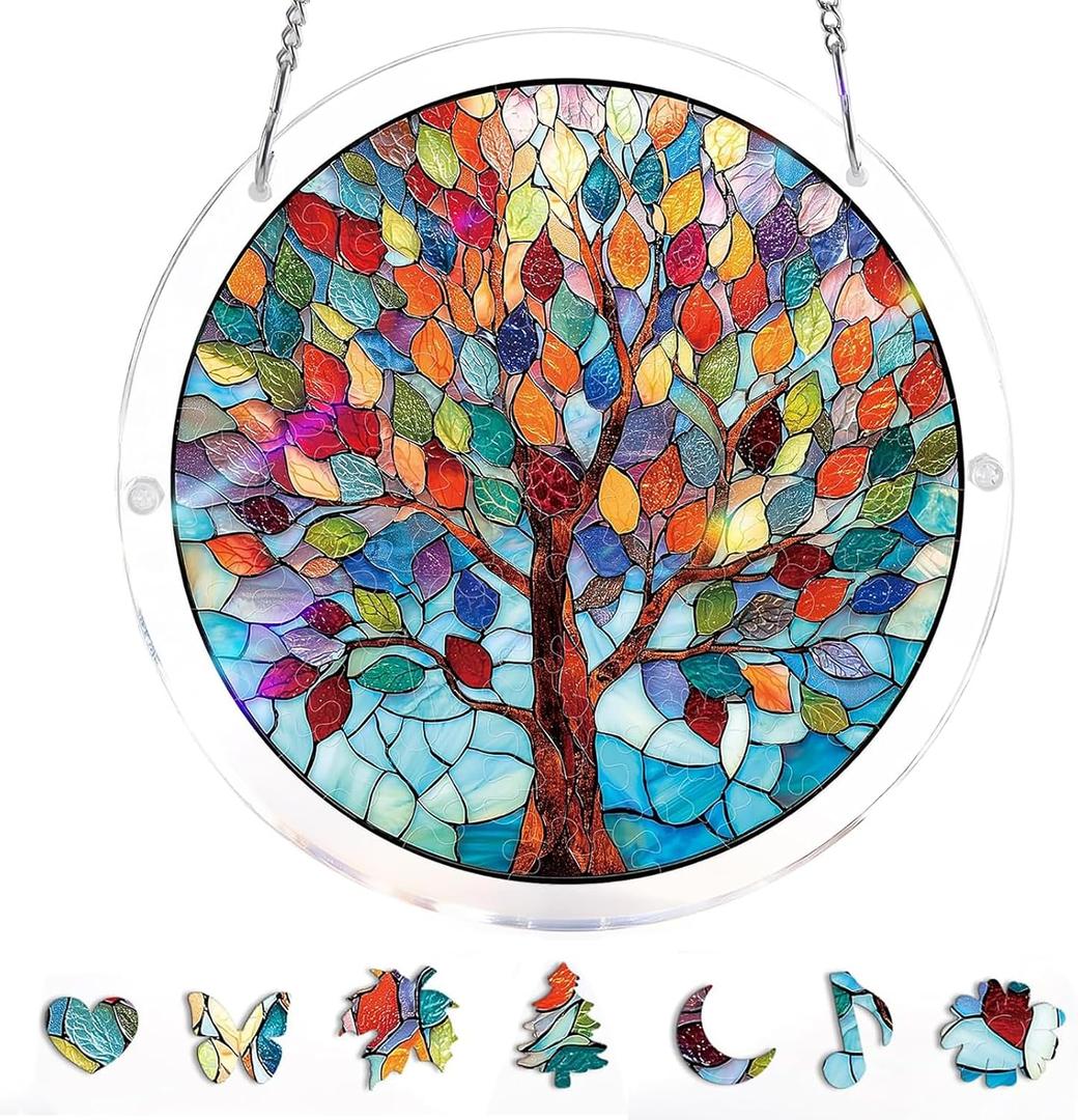 2 x Acrylic Suncatcher Window Hanging 7.4 Inch, Double-Sided Light Catcher Ornament for Window Home Garden Decor, Colorful Acrylic Hanging Decoration Gift (Sacred Tree)