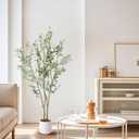 Artificial Fake Olive Tree 5FT Tall 1Pack with White Planter Faux Silk Olive Tree for Home Living Room Office Decor Faux Artificial Plants Indoor with Fruit & Free Moss