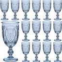 24 Pcs Plastic Goblets 7.5oz Vintage Goblet Plastic Wine Glasses Colored Retro Embossed Water Goblets for Wine Bar Juice Baby Shower Wedding Reception Grand Event Party (Blue)