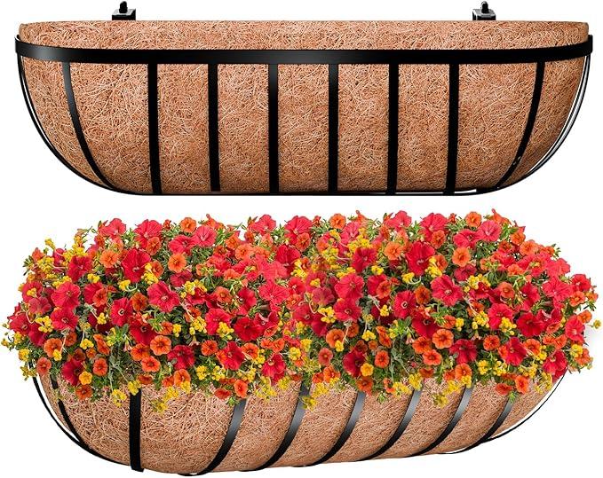 Railing Planter Box, 2 Pack Metal Window Boxes with Coco Liners for Railing, Hanging Flower Boxes for Deck Porch Balcony & Fence Outdoor Indoor Lawn
