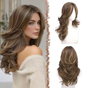 FESHFEN Brown Mixed Blonde Wavy Layered Wig with Curtain Bangs for Women, 20 Inch Long Synthetic Natural Looking Middle Part Hair Wig For Costume Party Daily Use