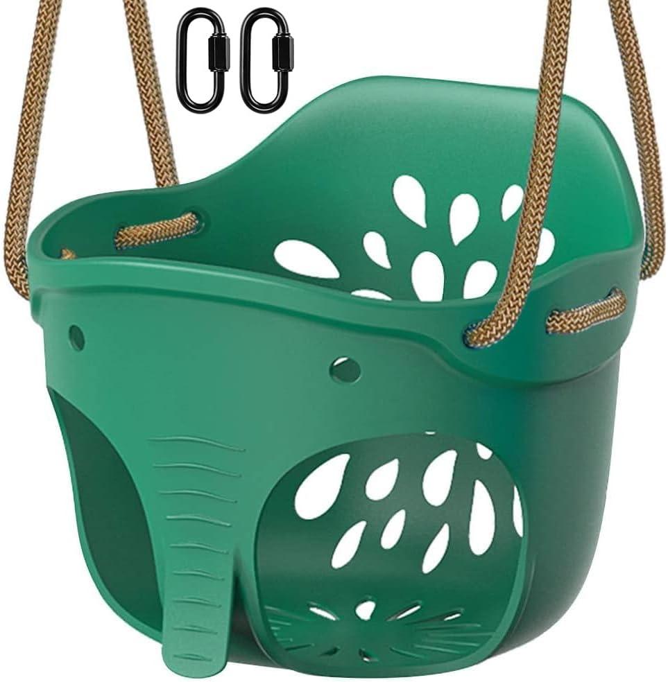 Dolibest Heavy Duty High Back Full Bucket Toddler Swing Seat with Locking Carabiners and Adjustable Rope, Cute Elephant Shape Design, 600LB Weight Limit (Bucket Swing, Green)
