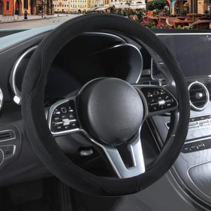 Black Suede Steering Wheel Cover, Breathable Non-Slip Sweat-Proof Wear-Resistant No Pilling, Warm in Winter and Cool in Summer, Universal 15 inch (Standard[14.5''-15''], Round-Black)