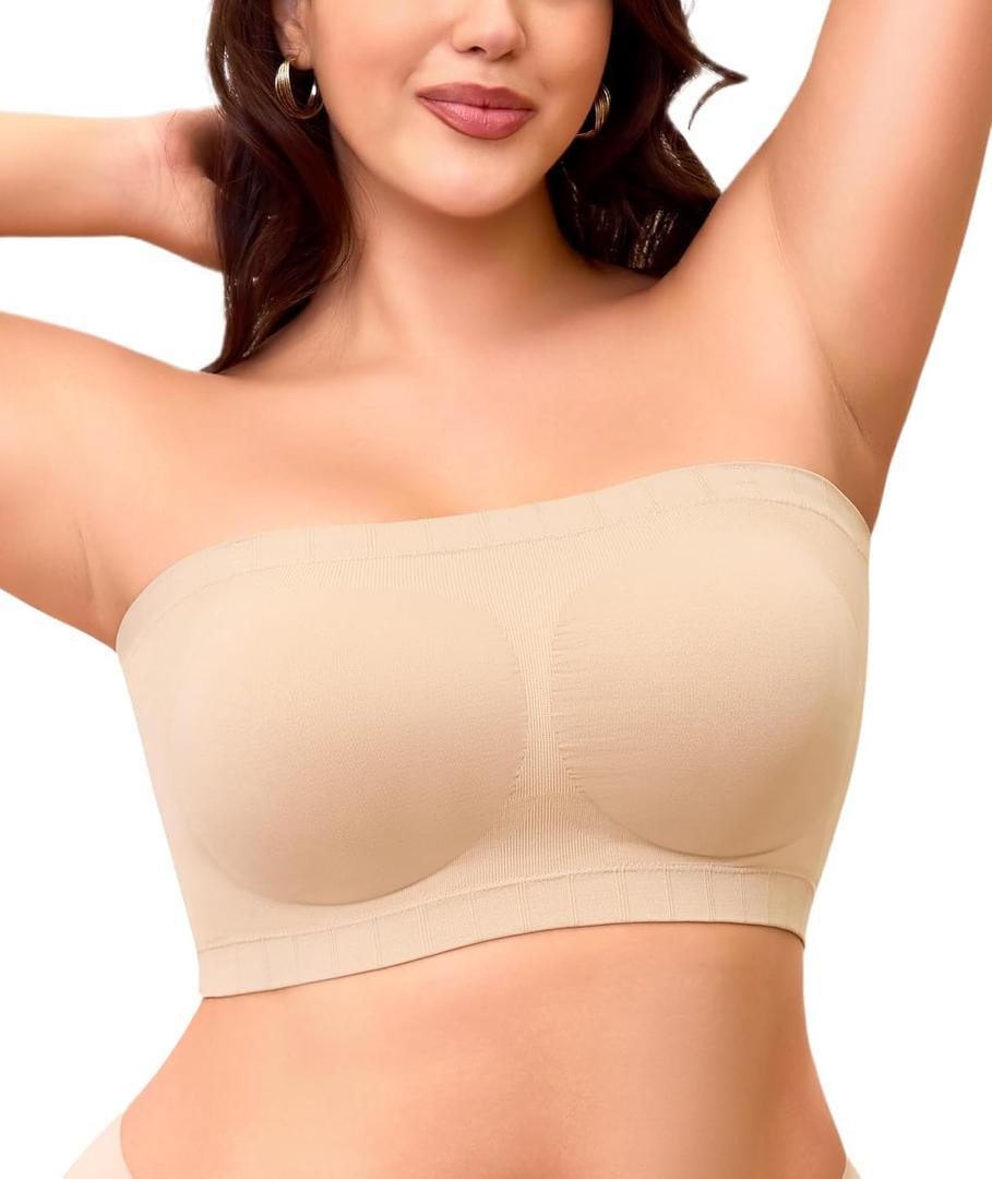 Strapless Bra for Women No Slip Silicone Grip Bandeau Bra with Fixed Pads Convertible Tube Top Bra with Fabric & Clear Straps, M