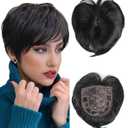 QUEENTAS Black Short Hair Toppers for Women with Thinning Hair 3603D Cover with 5 Clips Hair Pieces Wispy Bangs 6"*6" Large Coverage Men's Toupee(Black/1B)