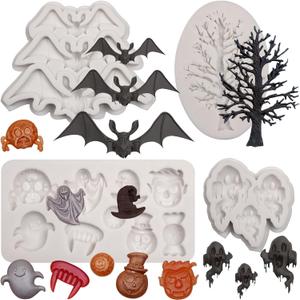 Halloween Bat Chocolate Molds, Ghost Skeleton Eyeball Witch Hat Silicone Molds, Specter Dead Tree Fondant Molds for Baking Cake Decoration Cupcake Topper Candy Plaster Clay Resin Set of 4 (LC130)