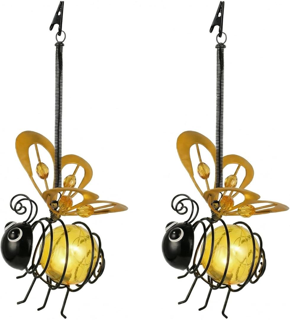 Solar Hanging Bee Light  Outdoor Metal Garden Decor with LED Glow, Yellow Body  Waterproof Solar Powered Insect Ornament for Yard, Tree, Porch, Patio  Gift for Women, Bee Lovers (Bee, 1)