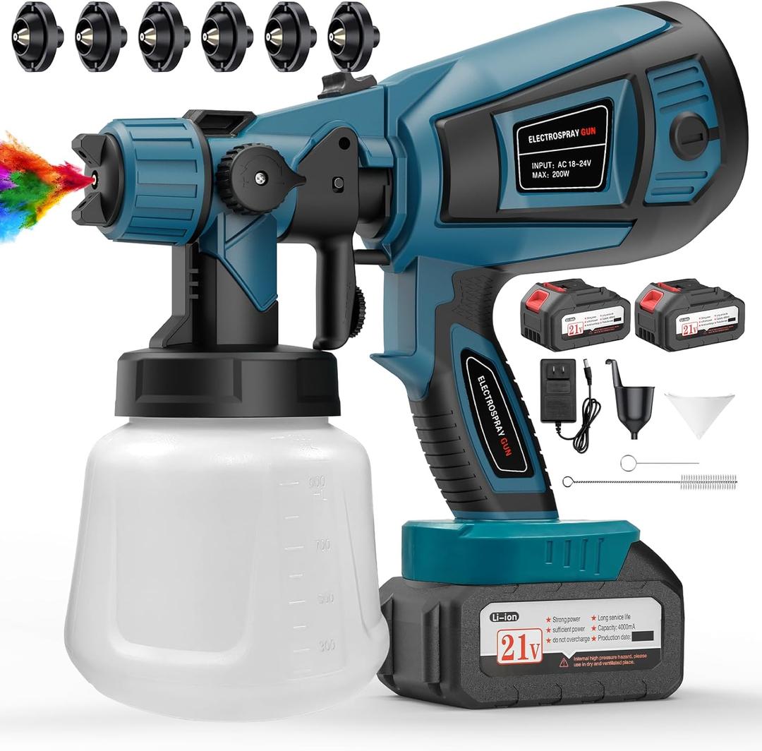 Paint Sprayer, 650W Cordless with 2 X 4.0mAh 21V Battery, All Copper Motor 6 Nozzles & 3 Spray Modes, 1000ml Container, Paint Sprayer Gun for House Painting, Ideal for Fence Cabinets Wall