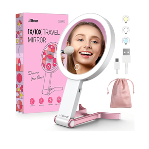 LitBear Travel Makeup Mirror with Lights, Rechargeable Double-Sided 10X/1X Magnifying Mirror, Portable Lighted Beauty Mirror, 3 Color Lighting, Dimmable Touch Screen, Tabletop Handhold Hanging (White)