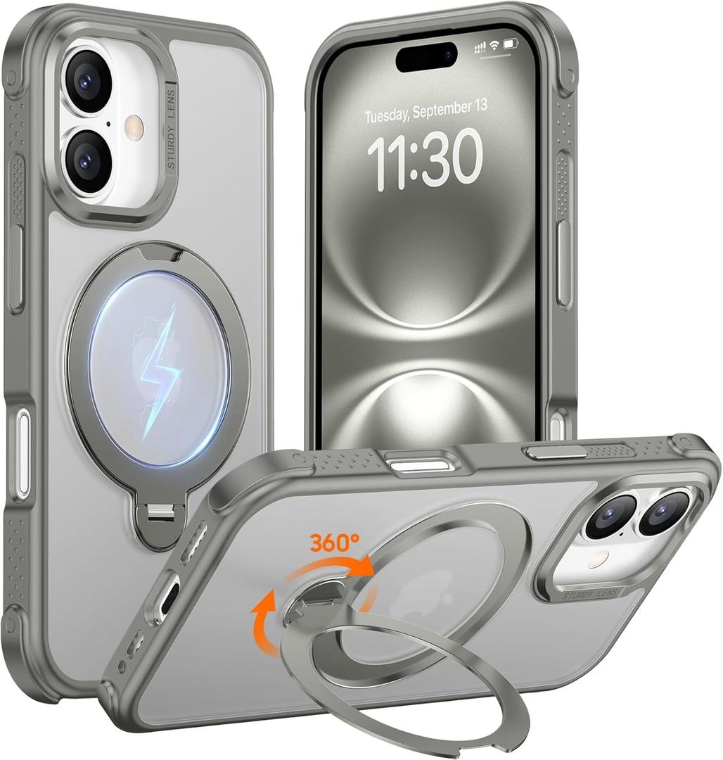 Temdan Designed for iPhone 16 Case,[with 360Rotatable Invisible Magnetic O-Ring Stand][Military Grade Shockproof][Compatible with MagSafe] Anti-Slip Translucent Matte Phone Case 6.1" (Grey)