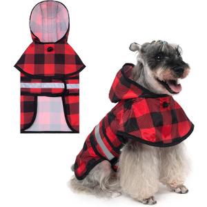 KOOLTAIL Dog Raincoat Hooded Slicker Poncho with Leash Hole, Christmas Red Plaid Raincoat for Small Medium Dogs, Waterproof Dog Rain Jacket with Reflective Strip, Adjustable Breathable Puppy Rainwear (Medium (Pack of 1))